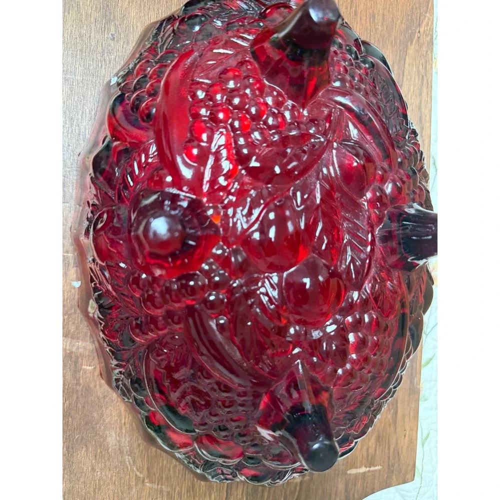 Vintage Indiana Glass Ruby Red Harvest Grape Footed Punch Bowl w/ 5 cups